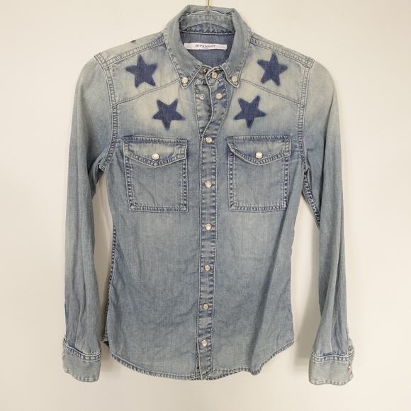 Givenchy Blue Denim Washed Star Chambray Pearl Snap Button Down Shirt 36 US 4 - Picture 3 of 16